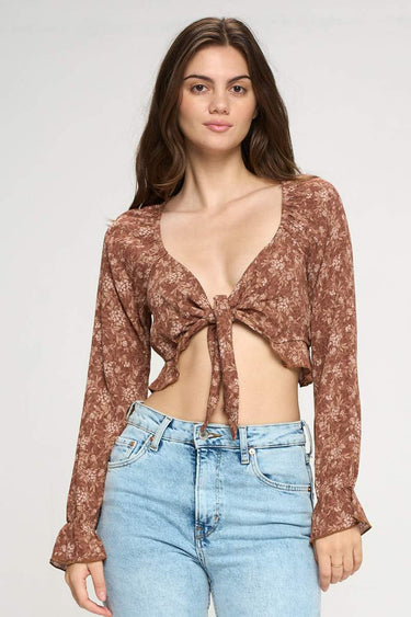 Tie Front Long Sleeve Crop Blouse